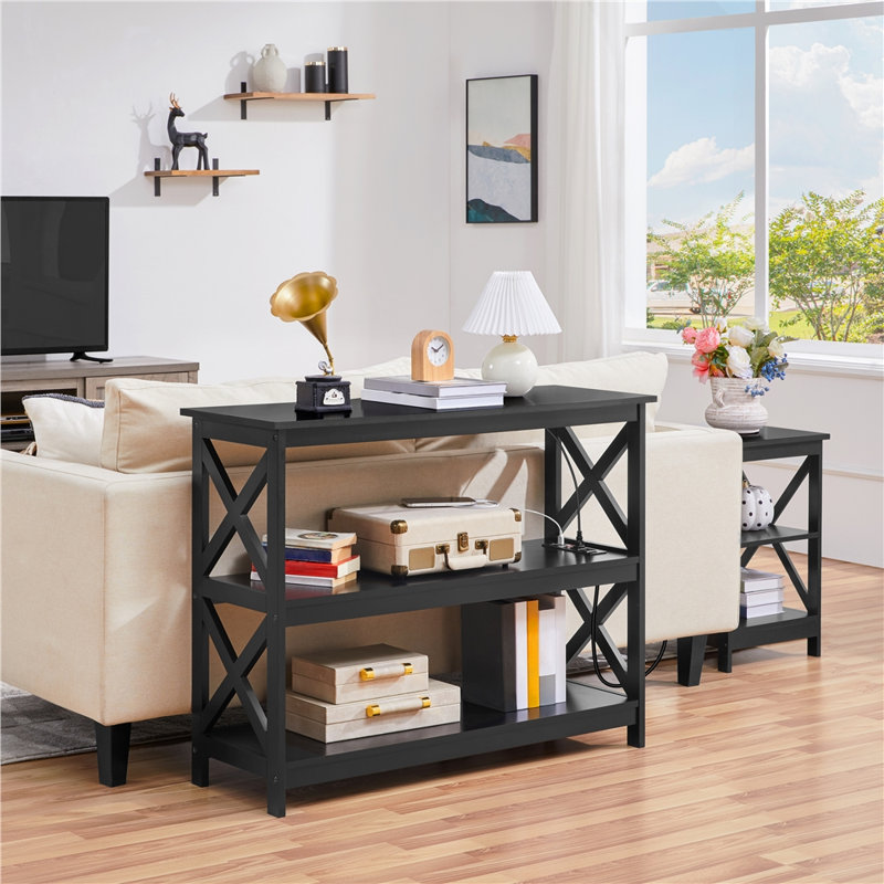Bergmann 42"W 3-Tier Wooden Storage Shelves Console Table with Power Outlets, White