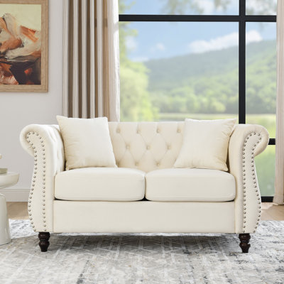 Fauteuil 2 places en velours beige pour décor de bureau