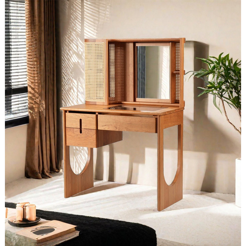Coiffeuse de rangement en rotin massif de style vintage pour chambre à coucher, Tan