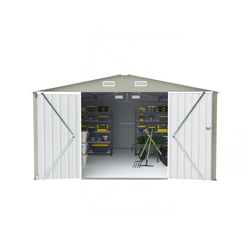 Outdoor Storage Shed 10×14 FT With 3 Lockable Doors,4 Air Vents & Sloped Roof,Utility Tool Shed Metal Storage Garden Sheds  Frame And 4 Vents,For Backyard,Patio,Lawn,Light Grey