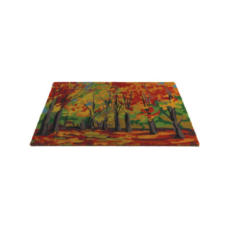 Tapis d'entrée extérieur antidérapant 30 x 18 en fibre de coco naturelle et PVC, surface texturée résistante aux intempéries et envers robuste - Motif arbres d'automne