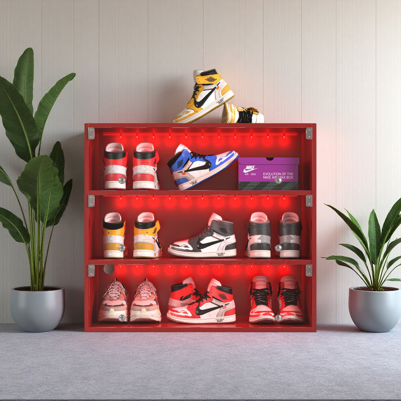 Boîte à chaussures à DEL avec trois couches et portes en verre, Rouge