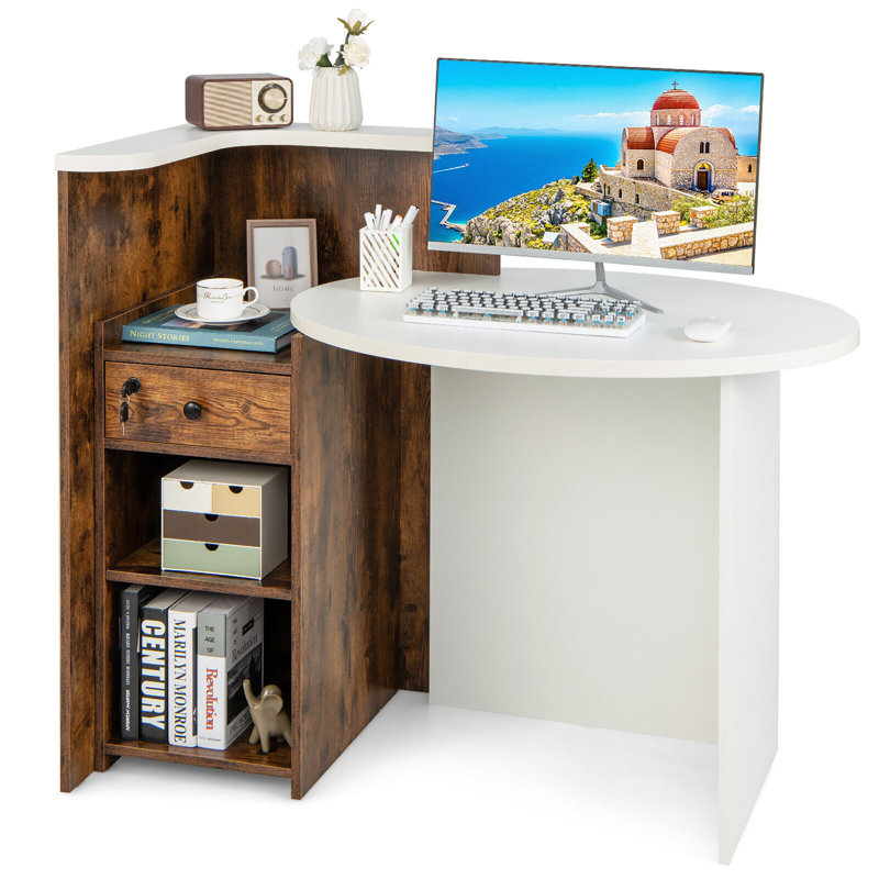 Bureau d'ordinateur en coin Erilas, Blanc / Brun rustique