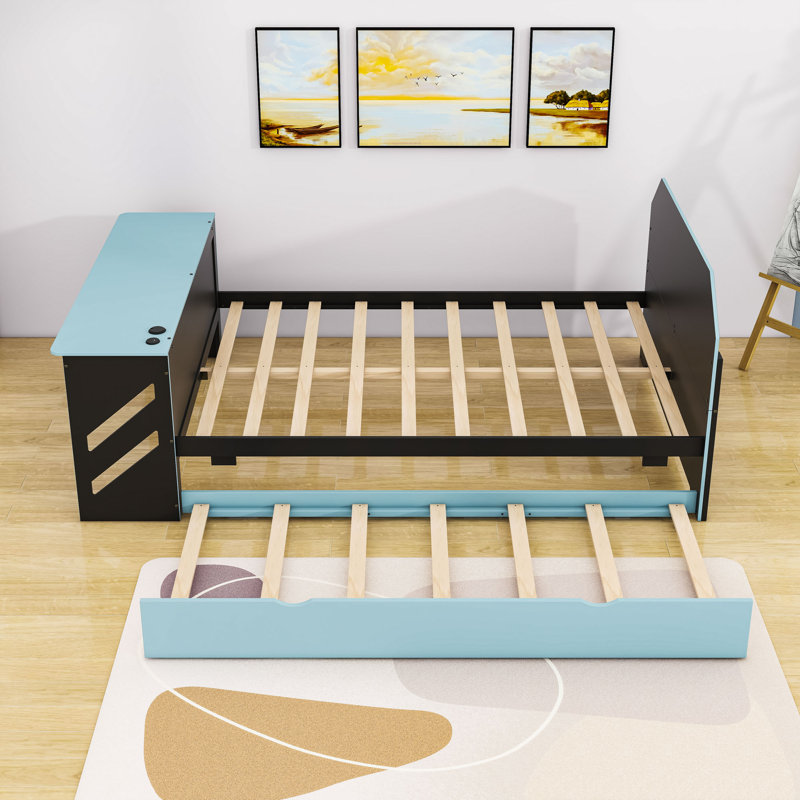 Modern Full Size Wooden Daybed with Twin Pull-Out Trundle and Built-In USB Port, Cloud Blue