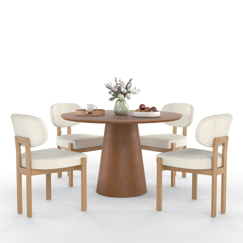 Mid Century Wooden Round Pedestal Dining Table Sets, Beige, Walnut, 5 Pieces: Table, 4 Chairs