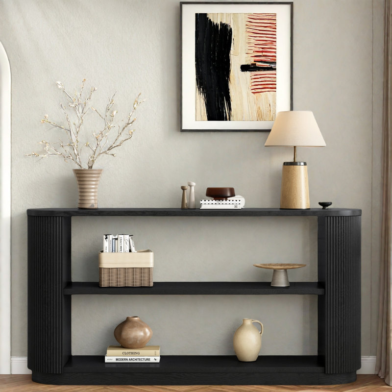 Console avec tablette ouverte et grain de bois élégant, Noir