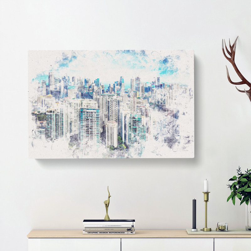 Singapore Skyline Watercolour - Wrapped Canvas Print, 40cm H x 60cm W x 3cm D