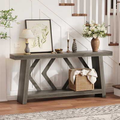 70.9" Extra Long All-Wood Console Table - 2-Tier Narrow Sofa Table - Stable Trapezoid Legs - Rustic Entryway or Hallway Accent Shelf - Sturdy Foyer