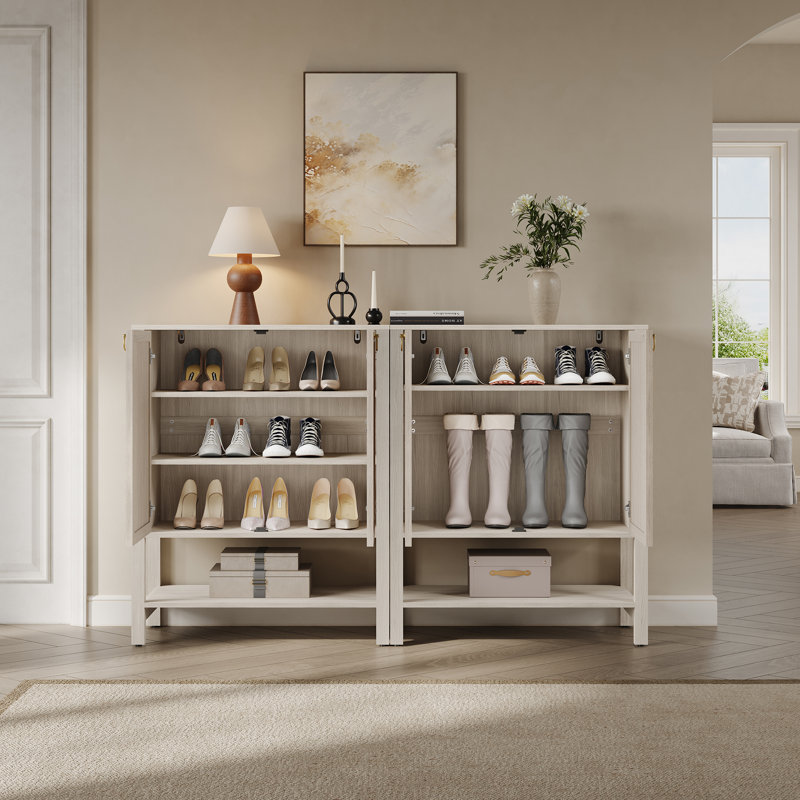 Pomodoro Boho Shoe Cabinet with Adjustable Shelves, White Cream Oak, Set of 2