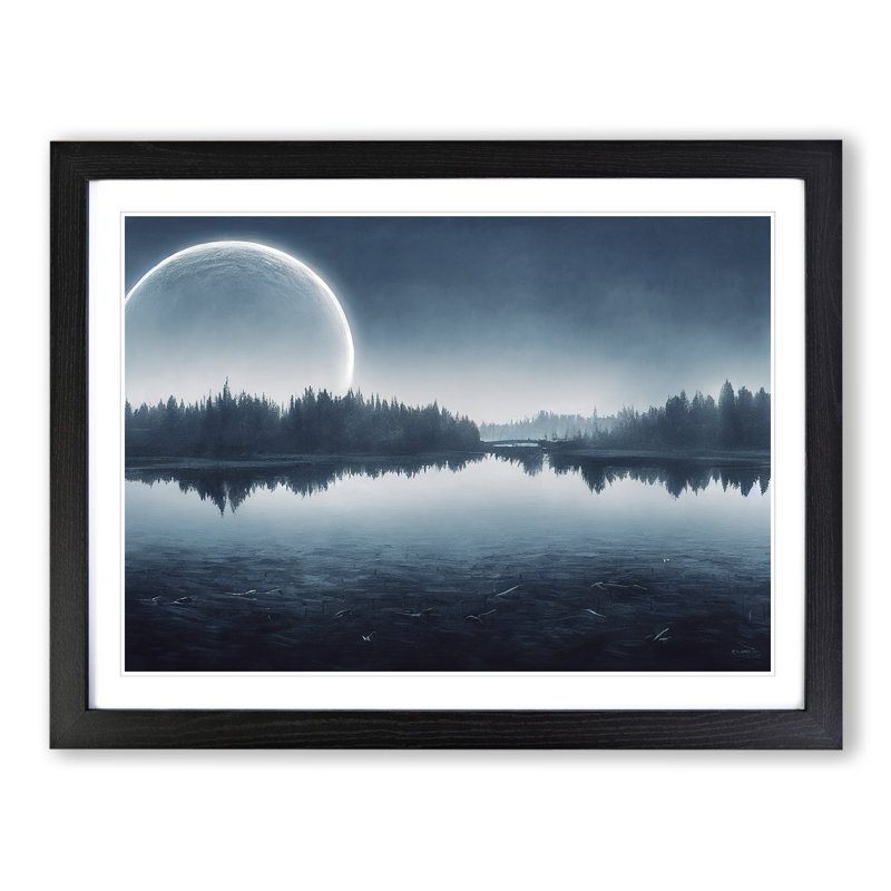 XH1022-6085X Modern Forest Lake - Single Picture Frame Print, Black, 46cm H x 64cm W