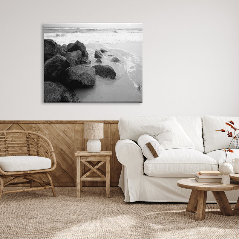 «Incoming Tide Nautical Beach Coast Black White» par Bill Carson, photographie, H 36 po x l 48 po, Toile tendue