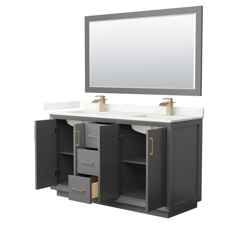 Strada 60'' W Double Vanity, Dark Gray, Giotto Quartz, Satin Bronze