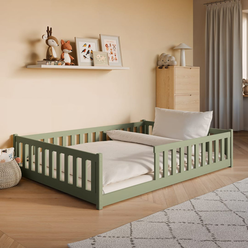 Montessori Wooden Bed Mati EU Double – Floor-Hugging Pine, Secure Guardrail Frame & Slat Kit Included, Olive