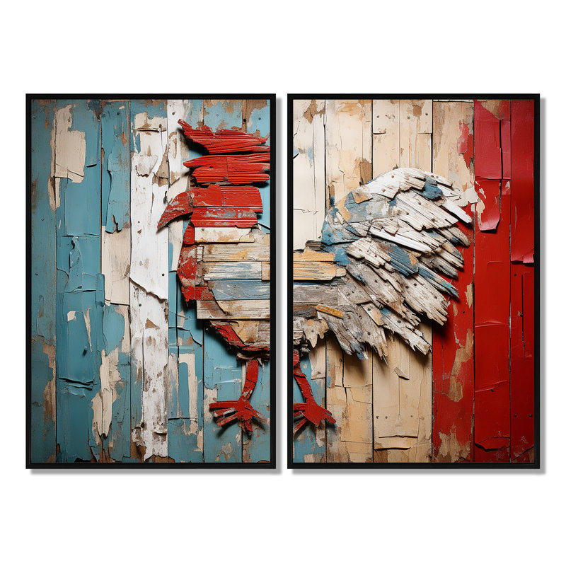 Coq rustique en bois I - art mural rouge 2 pièces, Noir, H 36 po x l 48 po, Impression encadrée flottante
