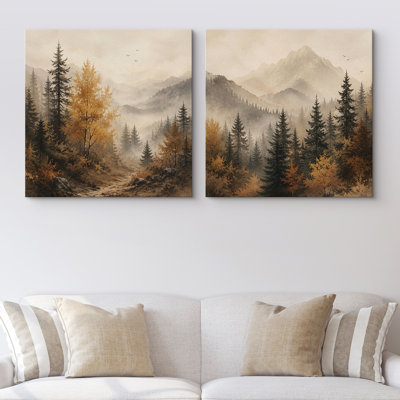 Misty Mountain Pine Forest with Warm Autumn Trees and Rustic Nature, ensemble de 2 reproductions d'art encadrées