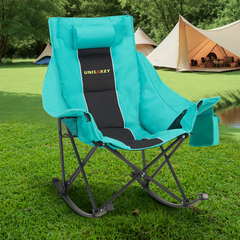 Fauteuil de camping berçant surdimensionné pliable pour l'extérieur avec porte-gobelet, support 300 lb, Noir/vert