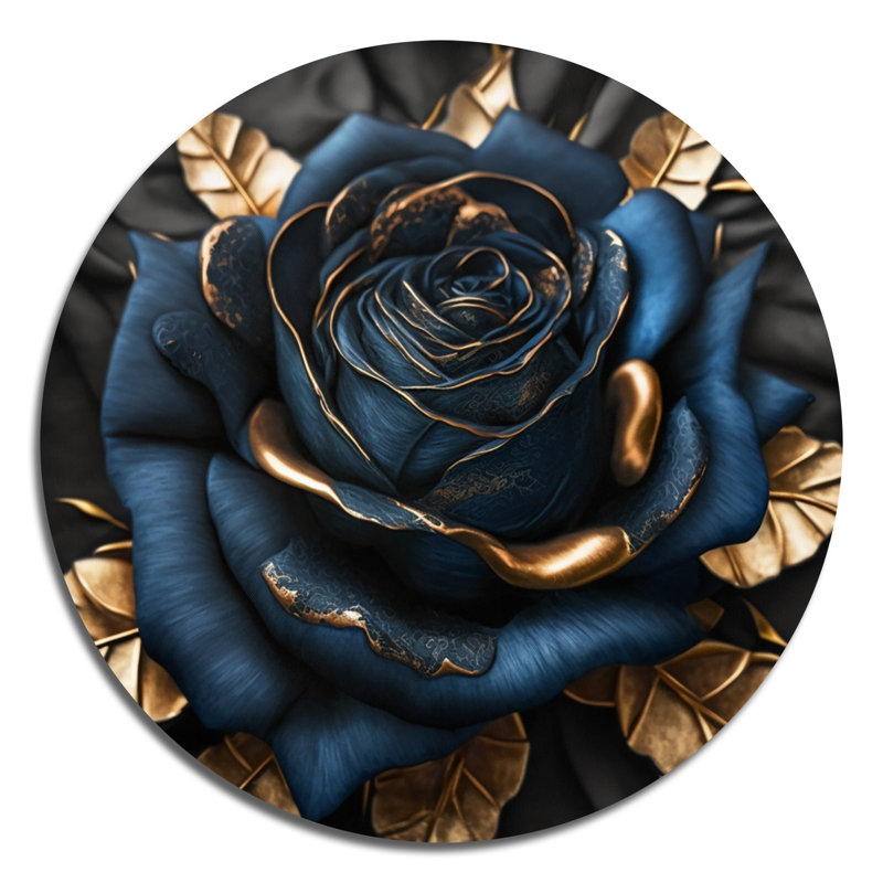 Gilded Rose In Kings Blue IV - Floral Rose Metal Circle Wall Art, 16" W x 16" H