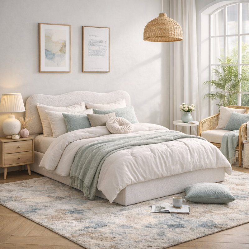 Lit plateforme tapissier Bensu Boucle, Double, Blanc
