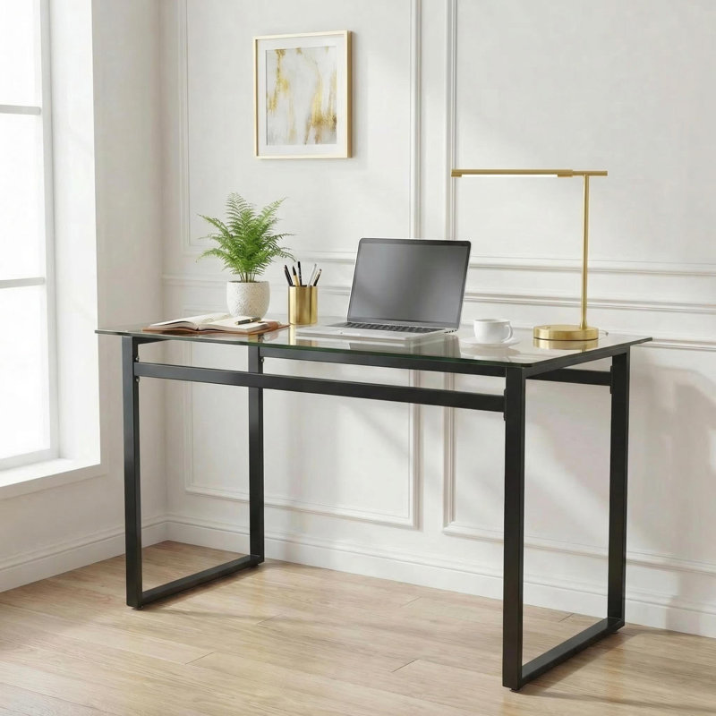 51" Modern Minimalist Rectangular Glass Dining Table with Tempered Glass Tabletop and Metal Legs, Black