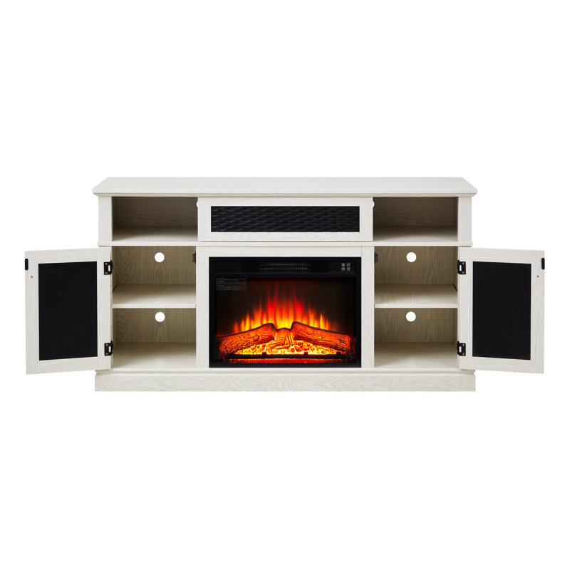 Tv Stand With Pattern And Hidden Storage - 65" Fit, White Fireplace Open Shelf Compatible, White, 31.7H