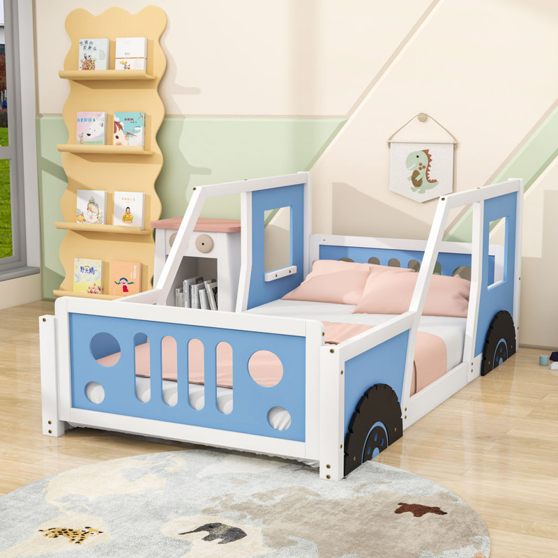 Car-Shaped Bed With Wheels And Sturdy Wooden Frame, Blue, Twin