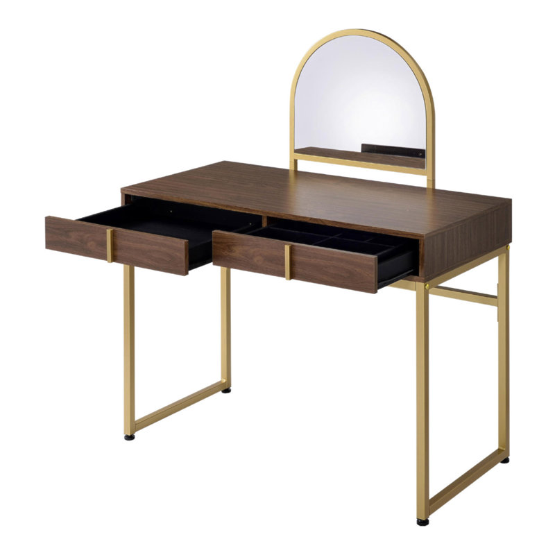 Bureau de coiffeuse 2 tiroirs avec miroir et plateau à bijoux, noyer et or