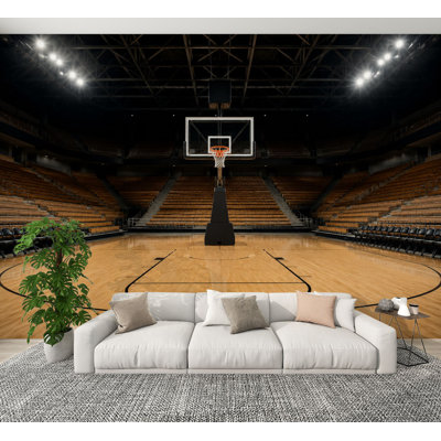 Peel and Stick Wallpaper Black White Basketball Court Empty Wooden Floor Spotlights Bleachers Wall Murals 100"H x 144"W Removable PVC Wall Paper Self-Adhesive Wall Decor for Bedroom Living Room Home Office