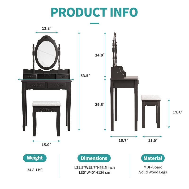 Luxurious Vanity Desk Set with Lighted Mirror and Cushioned Stool, Black
