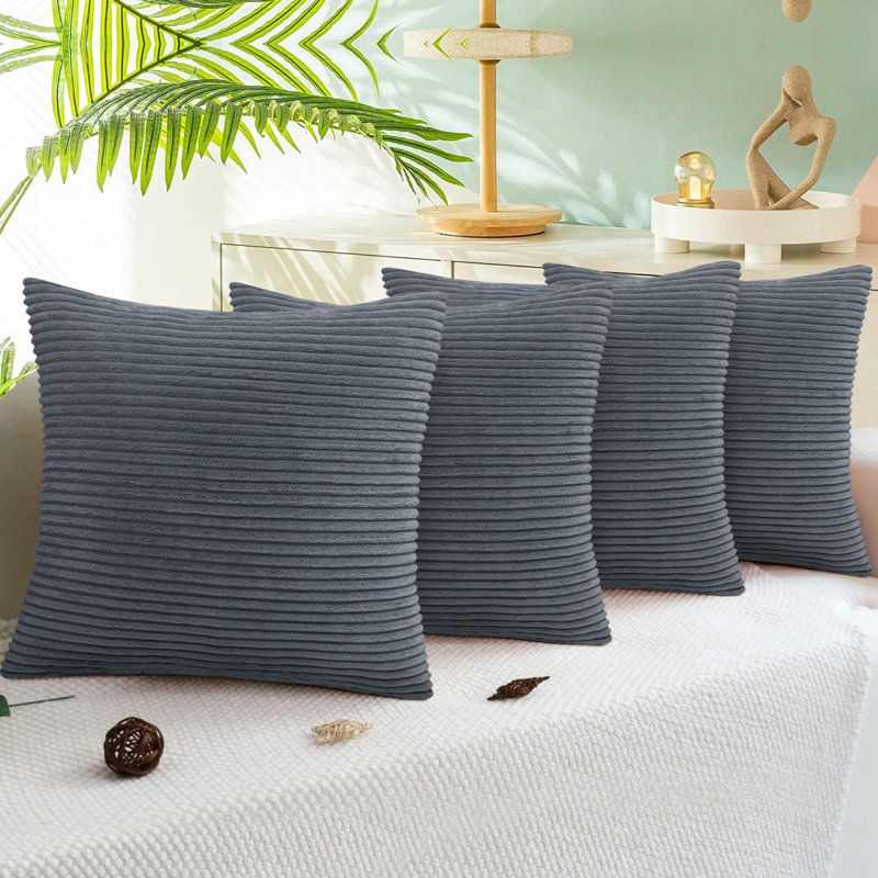 Striped Square Scatter Crushed Velvet Cushion Cover (Set of 4), Grey