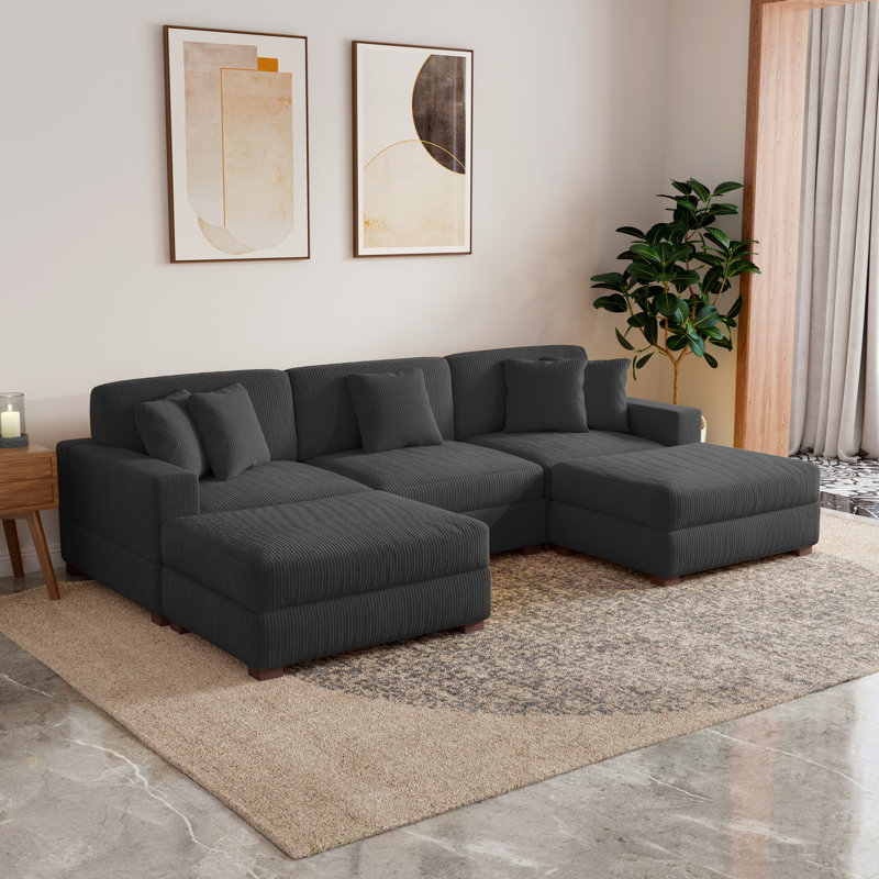 Milbrey 5-Piece Upholstered Gray Corduroy Modular Sectional Sofa With Removable Ottomans & Throw Pillows, Gray Corduroy