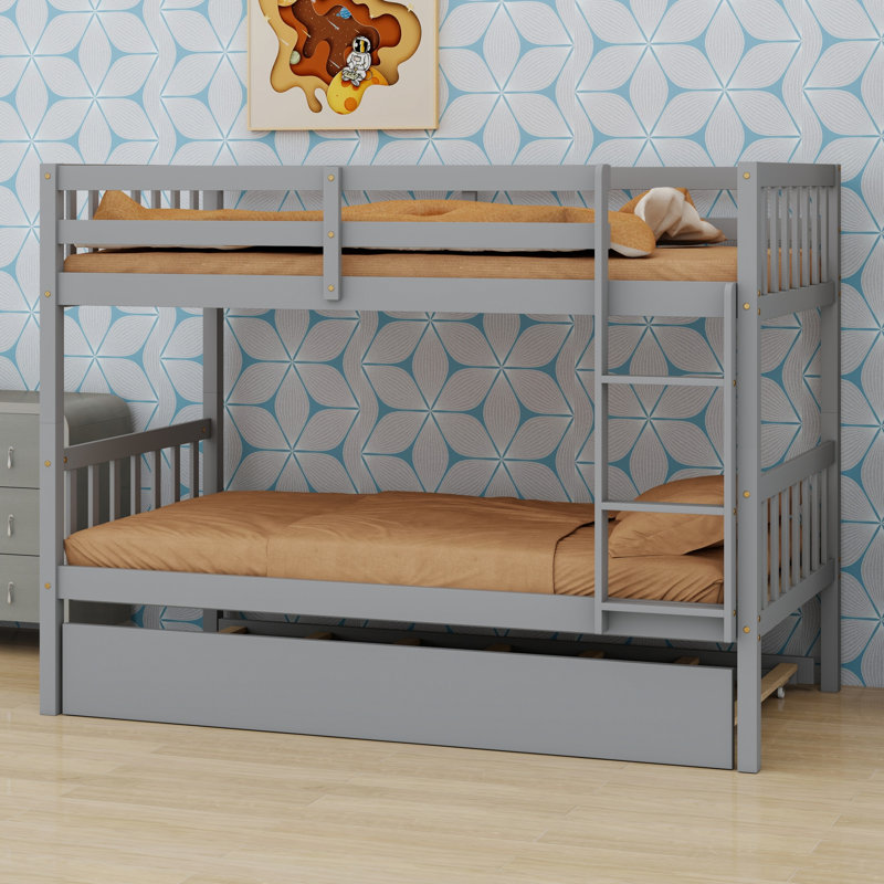 Rubber Wood Bunk Bed Including Trundle, Ladder, Guardrails, Gray