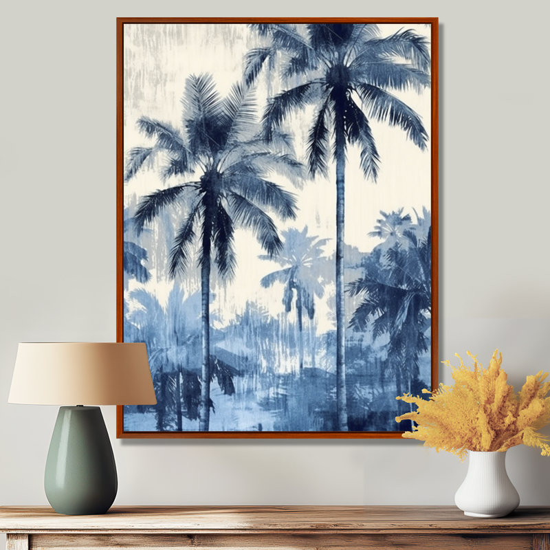 Palmiers bleus rétro, impression sur toile, palmiers, ombres II, 32" H x 16" W, Cadre flottant brun