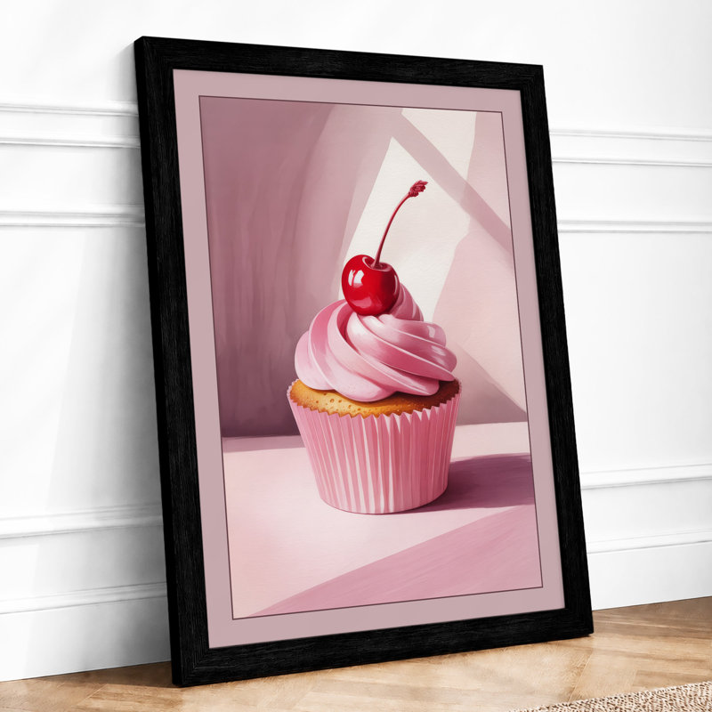 Cupcake and Cherry Minimalist - Framed Print, Black, A4 - 29.7 x 21.0 cm
