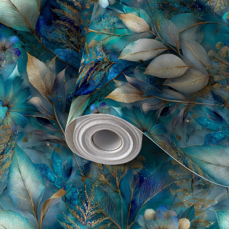 Papier peint adhésif peler et coller en PVC, revêtement mural auto-adhésif amovible avec imprimé floral de fantaisie luxueux et feuillage botanique, imperméable pour la décoration intérieure - rouleau