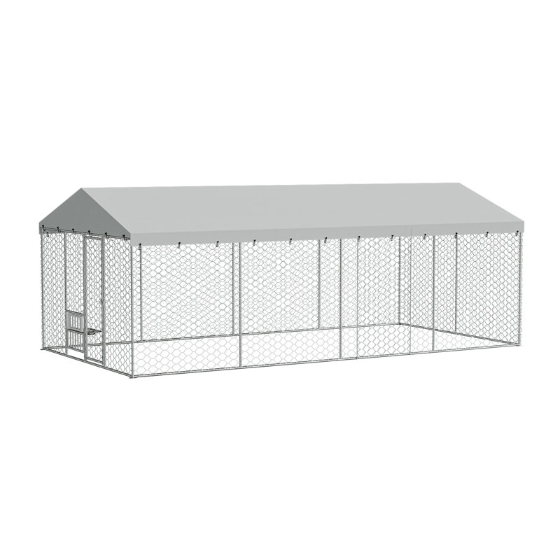 Chenil d'extérieur pour chien en acier robuste avec auvent 20 pi x 10 pi, argent