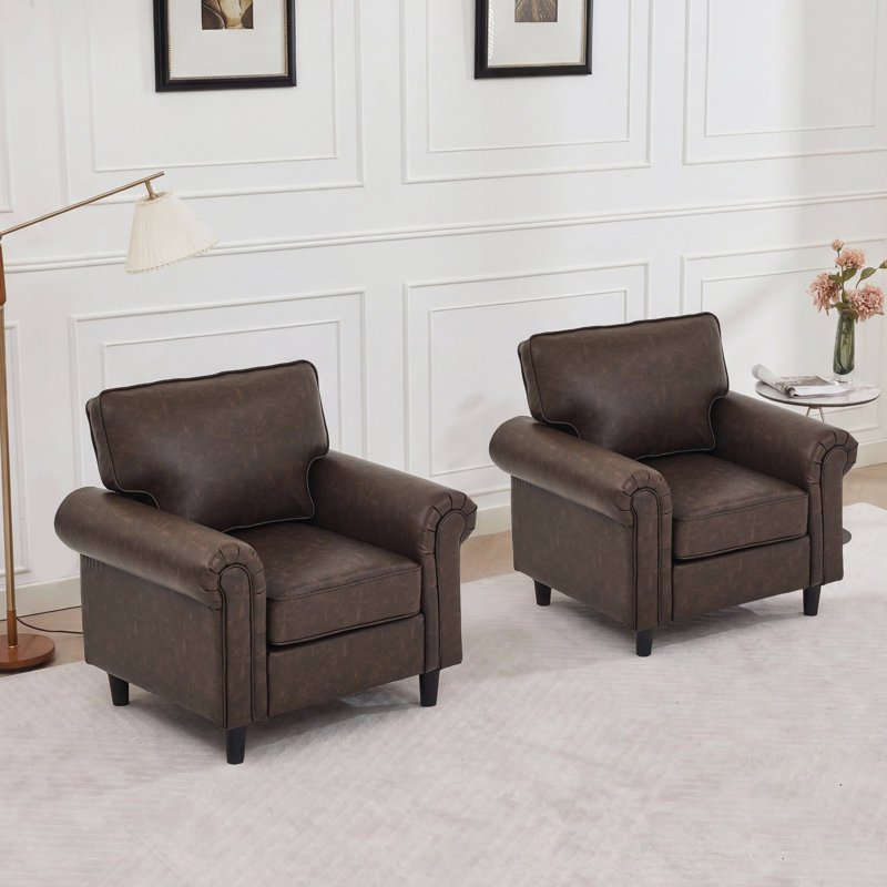 39.4" W Upholstered Accent Chair Faux Leather Armchair Transitional (Set Of 2), Cocoa