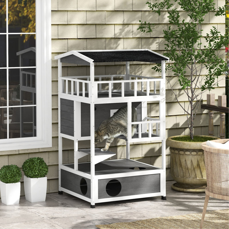 Abri pour chat en bois avec toit en asphalte, portes de secours, plateforme de saut en gris pour abri pour chats