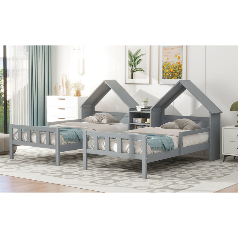 Lit plateforme simple avec tête de lit élégante en forme de maison et étui intégré, taille gris