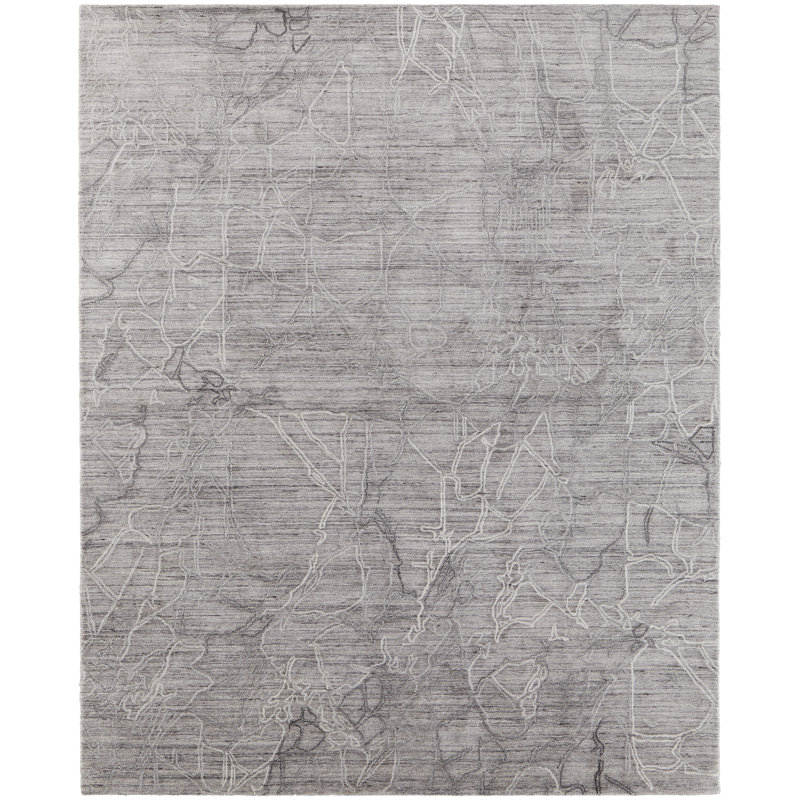 Tapis abstrait en chenille tissée à la machine en gris / brun clair / ivoire, Rectangle 8 pi x 10 pi