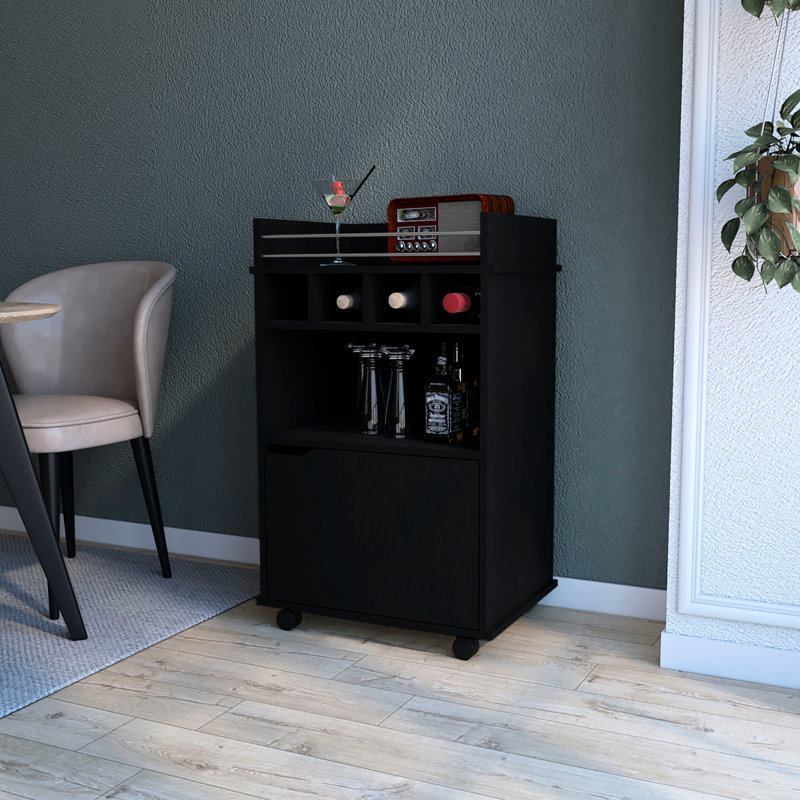 Chariot-bar noir à 1 porte pour une réception parfaite à la maison avec beaucoup de boissons et de verres, Noir