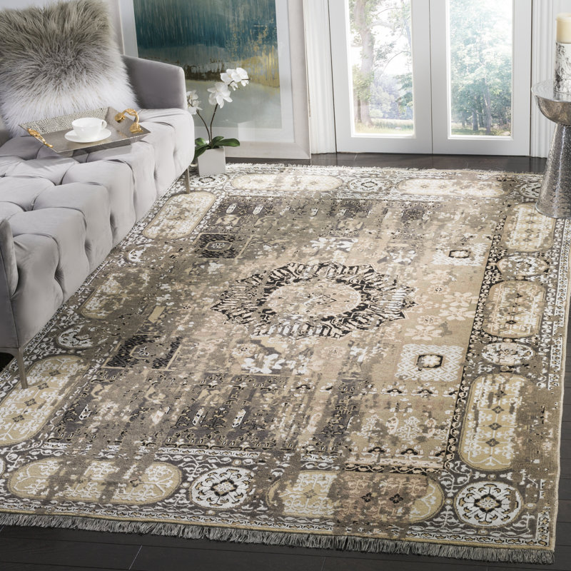 Tapis oriental en laine / viscose / coton noué à la main Vineyard Vineyard, Rectangle 6 pi x 9 pi