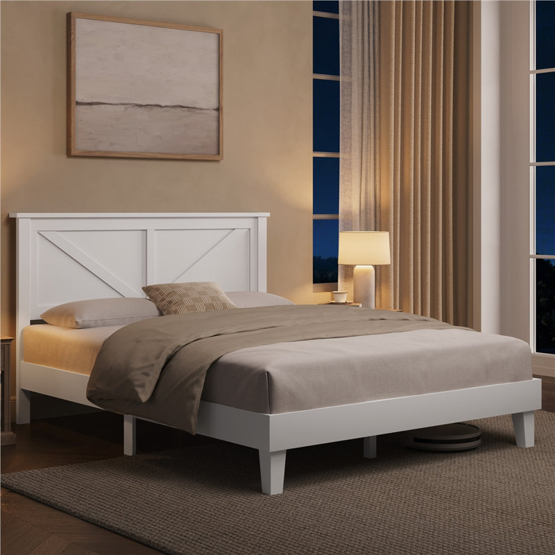 Farmhouse Wood Bed Platform with Headboard, White, Queen