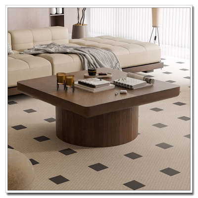Table basse carrée de 34,6 po pour le salon, plateau en placage de bois moderne avec motif de parquet et base cylindrique, plateau de table épaissi, assemblage facile