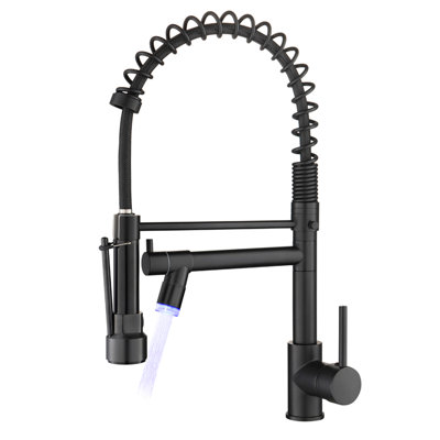 Led Commercial Kitchen Faucet - Pull Down Spray Head, Black, Single Lever, High Arch Design With Handle, Fashionable Style