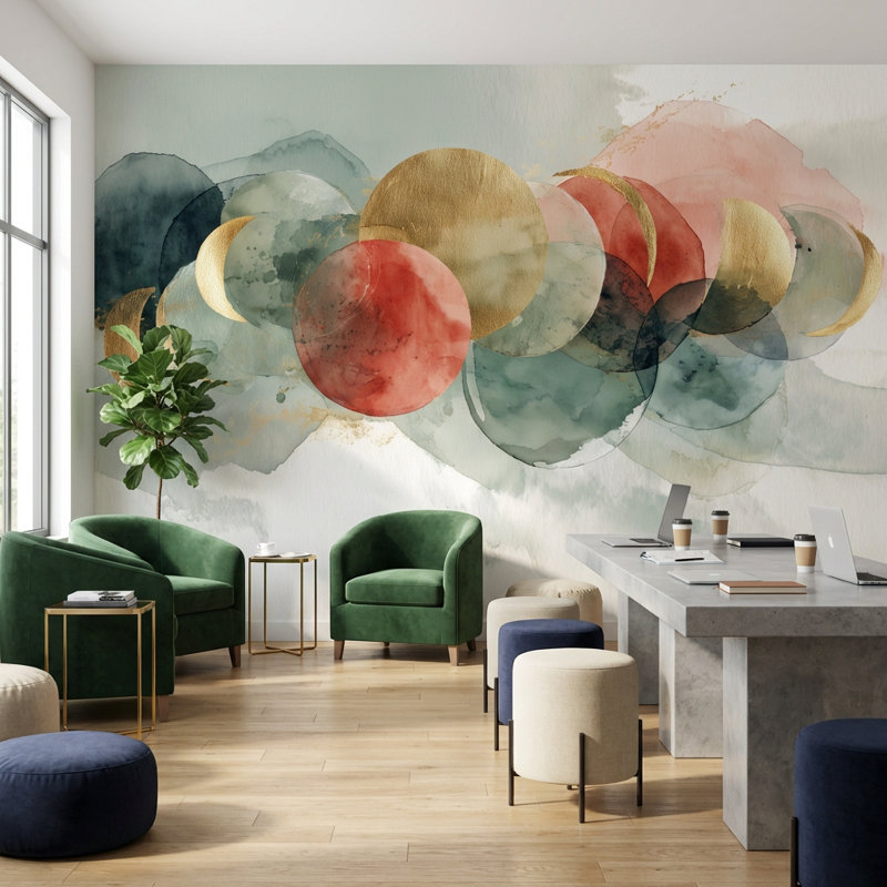 Papier peint géométrique à double motif de cercles dorés, 120 po x 96 po, Peler et coller