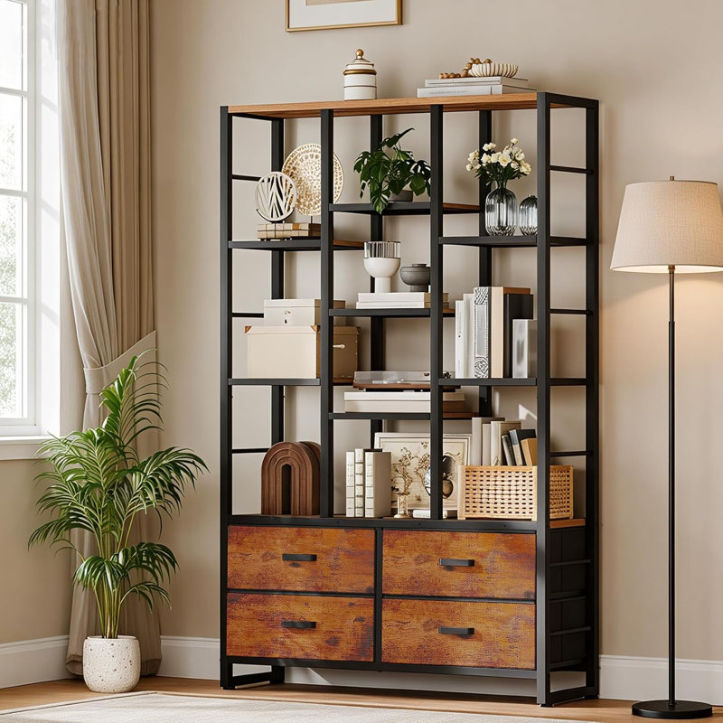 68.5'' Bookcase with 4 Drawers, 6-Tier Bookshelf with Open Display Shelves and Protective Rails, Industrial Large Book Shelf with Storage