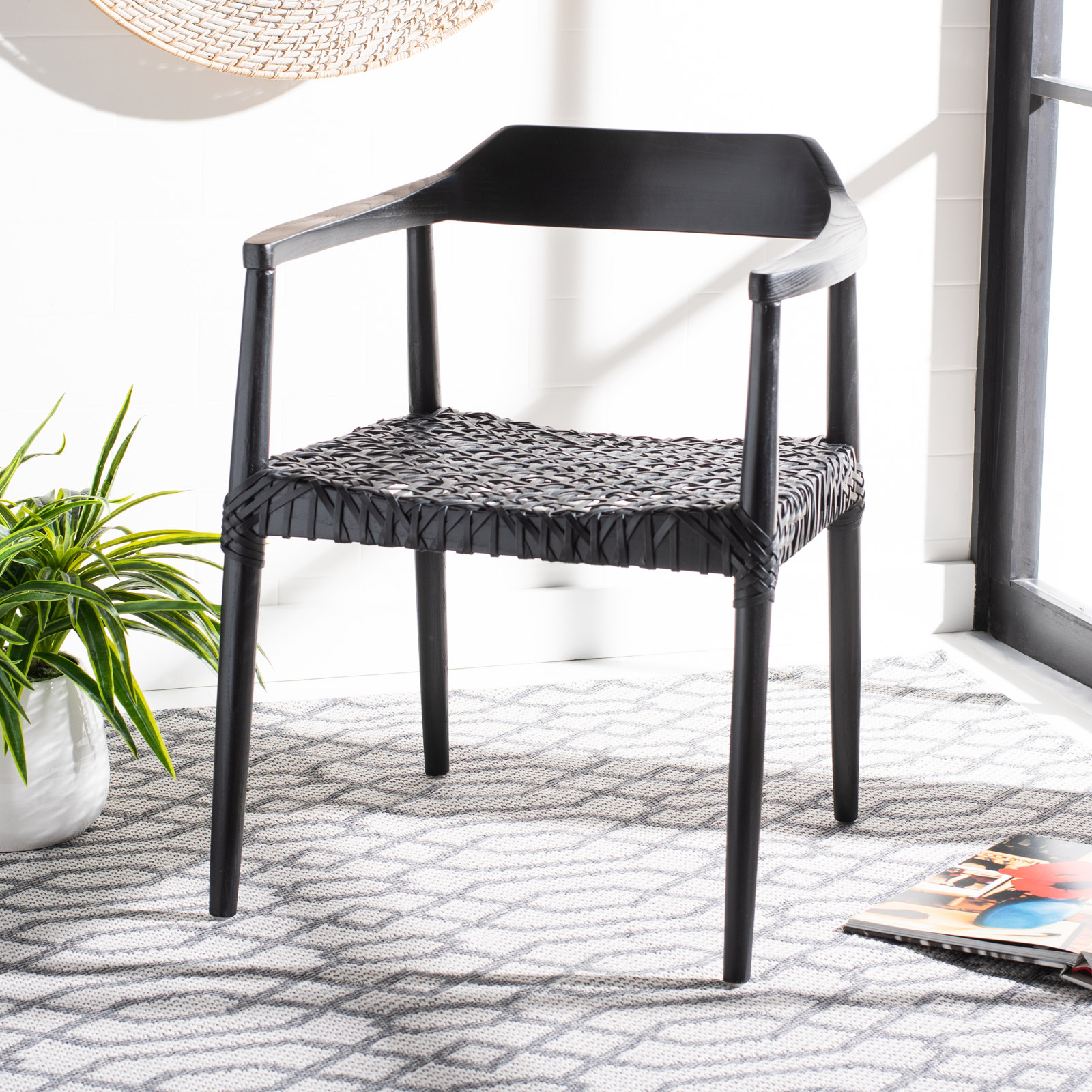 Bruna Teak Dining Armchair, Black, Black Genuine Leather