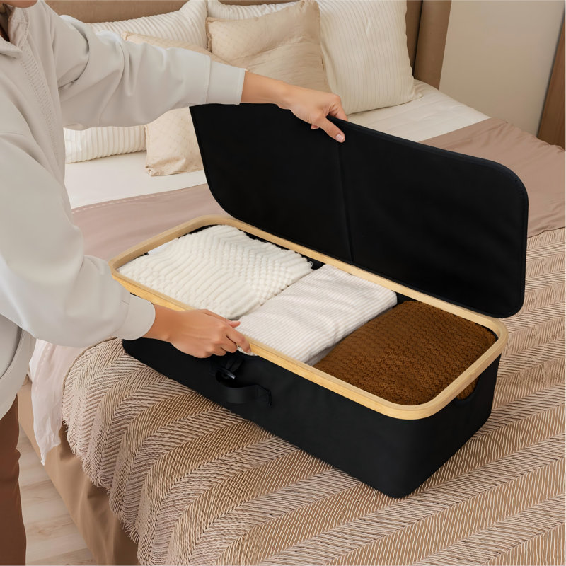 Underbed Storage Containers With Lids,Low Profile Under Bed Storage Box With Bamboo Frame For Clothes, Bedding, Blankets And Shoes,(Black)