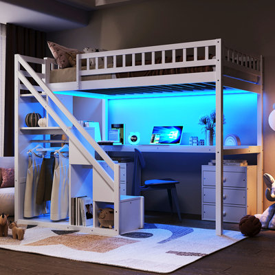 White Twin Bed With Loft, Two Drawer Chests, Desk, And Led Strip - Space Saving Design, Suitable For Minimalist Bedroom Design Loft Including Chest Drawers, Built In Lighting Safe Sleepers
