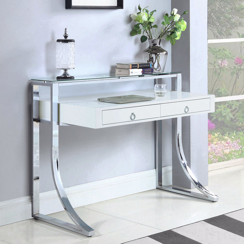 Bureau d'écriture blanc brillant, 2 tiroirs
